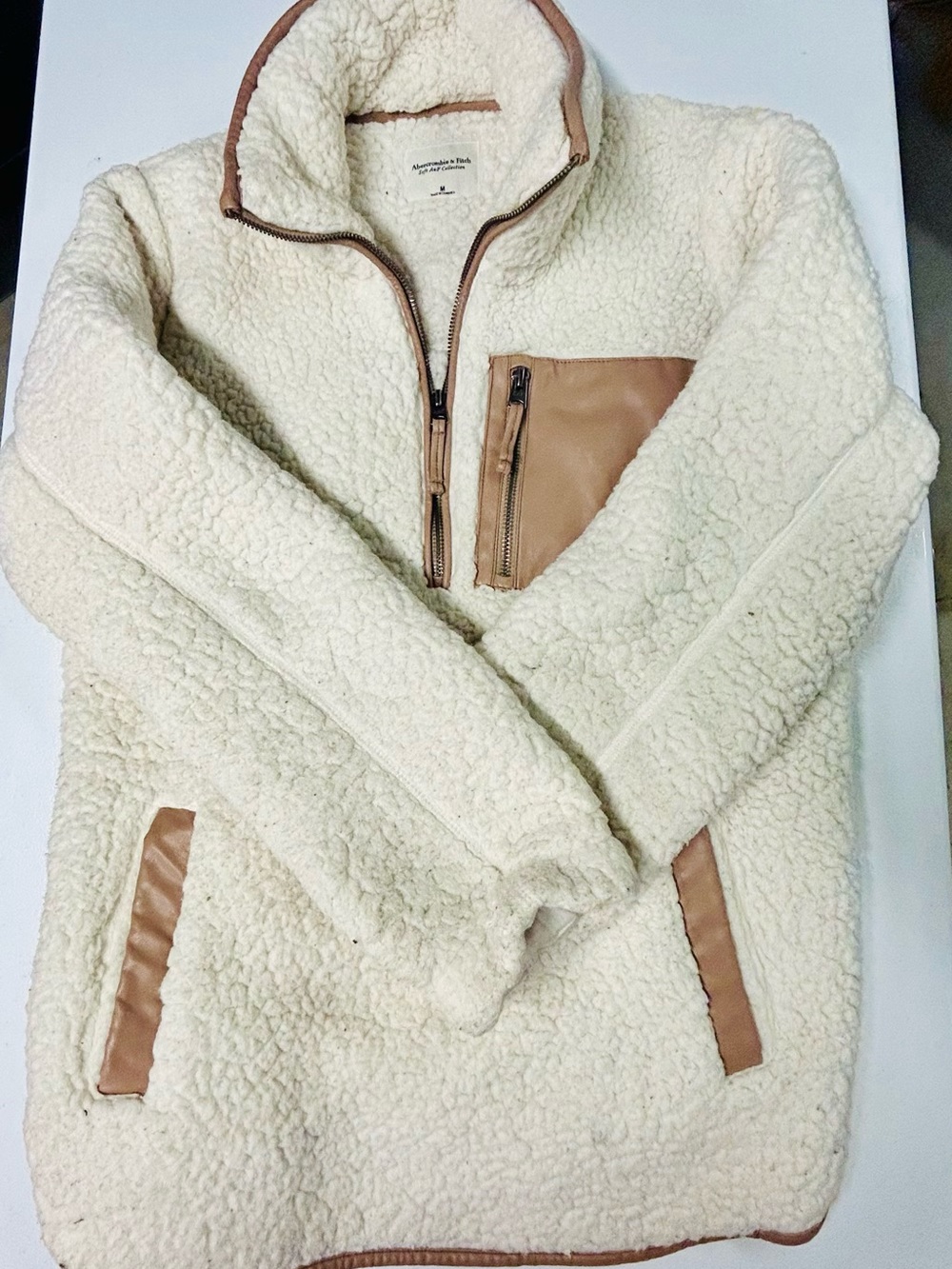 Abercrombie & Fitch Cream Teddy Sherpa Pullover with Tan Trim